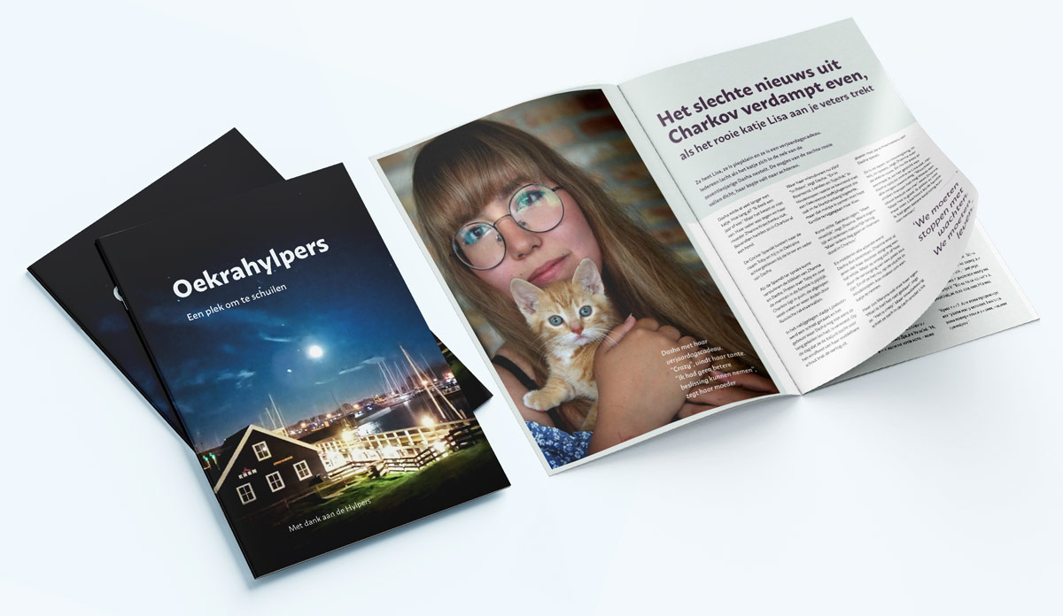 Voorbeeld van de cover en een binnenwerkpagina van de brochure Oekrahylpers